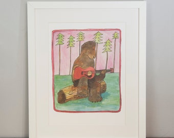 Guitar Bear Illustrated Print, Melancholy Guitar Bear, Bear Art, Bear Print, Bear Picture, Bear Illustration, Bear Poster