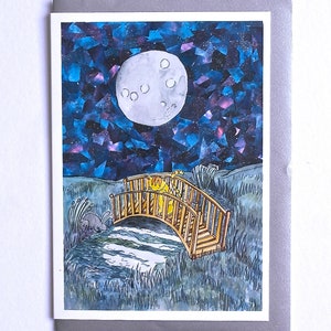 Maankaart, Night Sky Card, Cute Cat Card Card, Animal Card, 'Over the Moon' Kaart