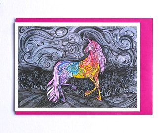 Unicorn Card, Rainbow Unicorn Card, Phoenix Rainbow Unicorn Card, Card for Unicorn Lover, Fantasy Art