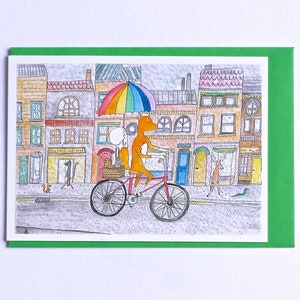 Fox Card, Fox sur un vélo, Cycliste, Renard illustré sur une carte de vélo, Carte de vélo, Carte pour cycliste