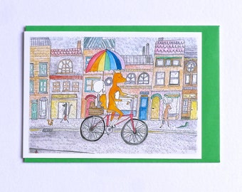 Fox Card, Fox on a Bicycle, Cyclist, Illustrated Fox on a Bike Card, Bicycle Card, Card for Cyclist