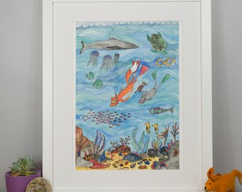 Under the Sea Illustration, The World Beneath the Waves Print, Fox Print, Nursery Wall Art, Underwater Art, Hand Illustrated A3 Fox Print