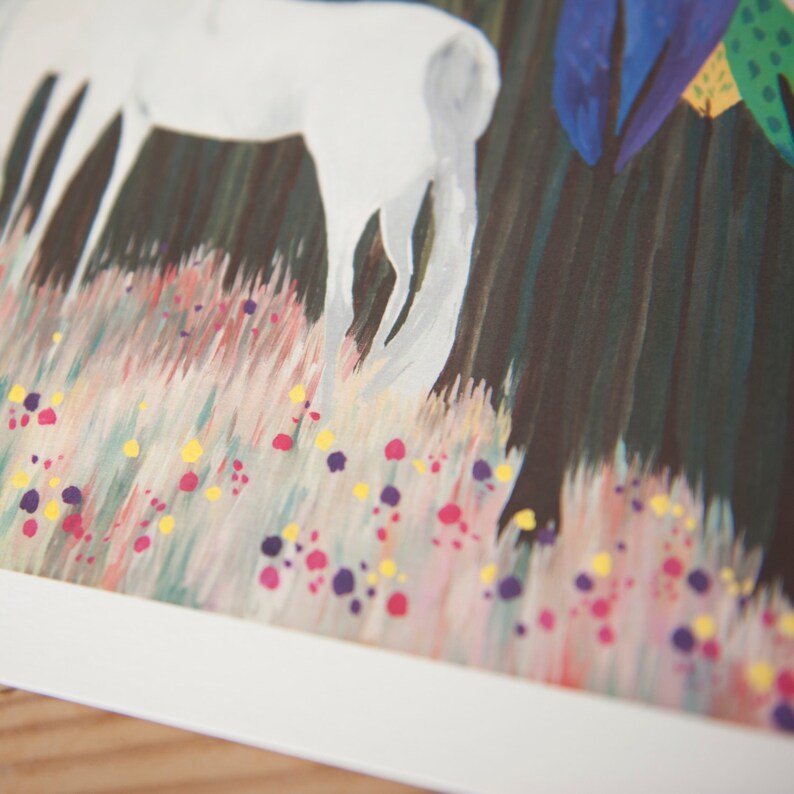 May include: A white horse stands in a field of pink, yellow, and purple flowers. The horse is painted in a simple style, with a dark green background.