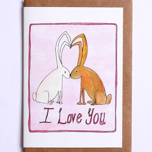 Ik hou van jou Kaart, Valentijnskaart, Konijn kaart, Konijn Kaart, Geïllustreerd Konijn I Love You Kaart