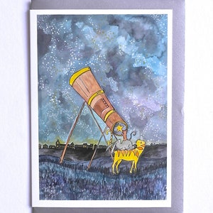 Star Gazing Card, Nieuwe Baby Card, Cute Cat Card Card, Animal Card, 'Star Gazing' Card, Nieuwe Baby Card