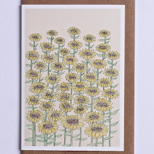 Zonnebloemen Kaart, Bloemenkaart, Geïllustreerde Zonnebloemen Wenskaart, Bloem Notelet