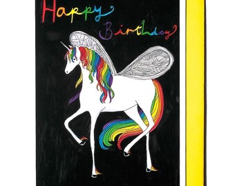 Unicorn Birthday Card, Unicorn Card, Rainbow Unicorn, Happy Birthday Illustrated Rainbow Unicorn Card