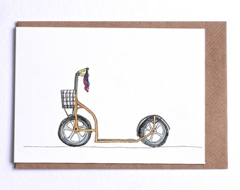 Scooter Card, Scooter Art, Illustrated Retro Scooter Card