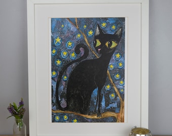Black Cat Picture, Jenny the Cat. Cat Print, Cat Art, Cat Illustration, Cat Lover Gift, Illustrated Cat Print, Black Cat