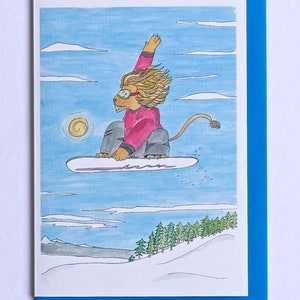 Carte de snowboard, carte illustrée de lion de snowboard, carte d’animal de snowboard