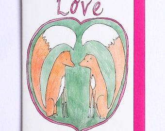 Carte Fox Valentines, carte Fox Love Illustrated Valentines, carte Fox pour valentins, carte I Love You