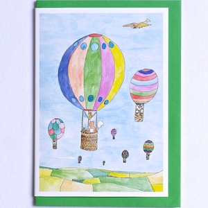 Tarjeta de globo aerostático, globo aerostático, tarjeta Fox, animales del bosque, tarjeta de globo ilustrado Up up and Away, tarjeta animal