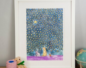 Animal Art Nursery Print, Three Friends Under the Stars Illustrated Print, Nursery Wall Art