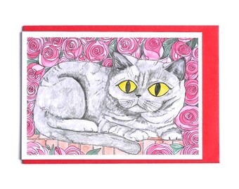 Cat Card, Cat Birthday Card, British Blue, Grey Cat Card, Maibel Hand Illustrated British Blue Cat Card