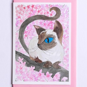 Kattenkaart, Siamese Kattenkaart, Leuke Kattenkaart, Pixie Hand Geïllustreerde Siamese Kattenkaart