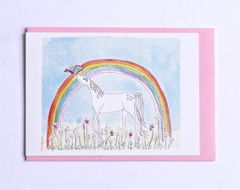Unicorn Card, Unicorn Birthday, Card for Unicorn Lover, Rainbow Unicorn, Under the Rainbow Illustrated Unicorn Card