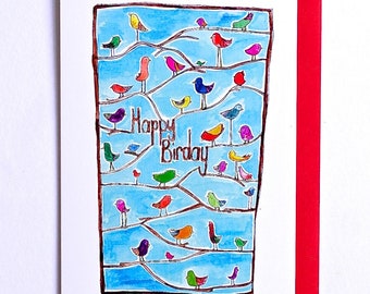 Cartão de pássaro, cartão de aniversário, cartão de aniversário de pássaro, cartão de aniversário de pássaro ilustrado de feliz aniversário
