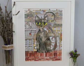 Tabby Cat Picture, Mali the Cat Print, Cat Art, Cat Illustration, Cat Lover Gift, Illustrated Cat Print, City Cat Illustration