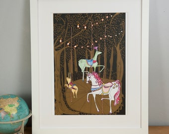 Unicorn Picture, Midsummer Night Fairground Illustrated Unicorn Print, Unicorn Art, Fantasy Art, Unicorn Picture, Carousel Picture