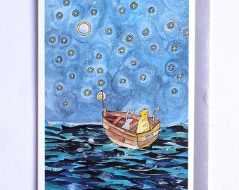 Star Drifting Card, New Baby Card, Cute Cat Card Card, Animal Card, 'Star Drifting' Card