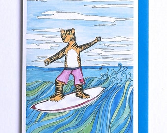 Surfing Card, Tiger Card, Illustrated Surfing Tiger Card, Surfing Card, Sports Card,