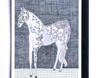 Horse Card, Tattooed Animals, Hand Illustrated Tattooed Horse Card