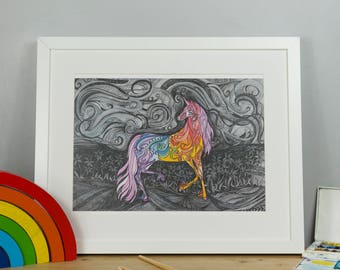 Unicorn Print, Unicorn Poster, Fairytale Art, Unicorn Nursery, Rainbow Unicorn, Phoenix Rainbow Unicorn, Unicorn Art