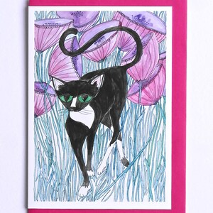 Cat Card, Cat Lover Card, Cat Illustration, Black Cat Card, Hand Illustrated Cat and Flowers Card