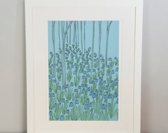 Bluebell Picture, Bluebell Print, Illustrated Bluebells Print, Housewarming Gift