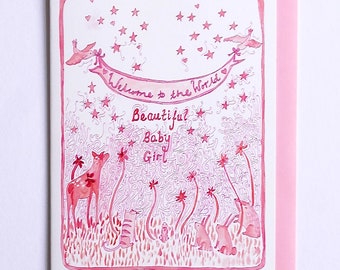 New Baby Girl Card, Illustrated Baby Girl Card, Welcome to the World Baby Girl Card, Baby Girl Card, New Baby Card