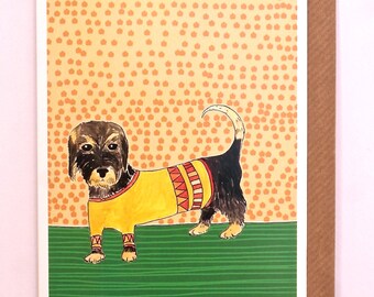 Dachshund Card, Dog Card, Sausage Dog Card, Wire Haired Dachshund Dog Card, Dog Lover Card, Dog in a Jumper