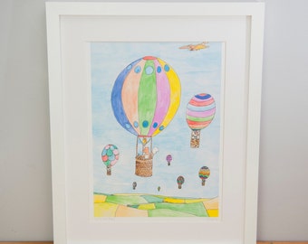 Fox Art, Nursery Art, Up Up and Away Print, Hot Air Balloon Print, Fox Art, Fox Print, Nursery Wall Art, Illustrated Hot Air Balloon Print