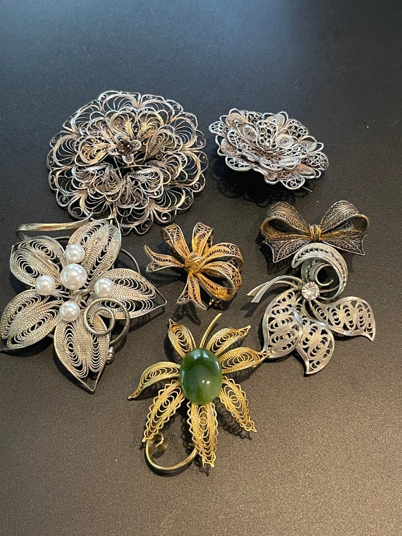 Lot of Seven antique filigree brooches