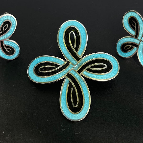 Sterling Silver MARGOT DE TAXCO Parure Blue  Enamel Brooch Earring Set  Miguel Arias Knot