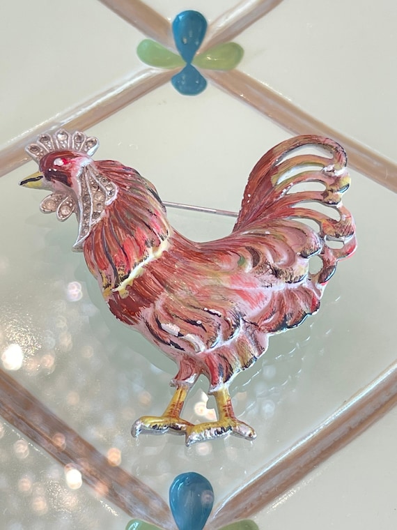 Rare Large Coro Enameled Rooster Brooch