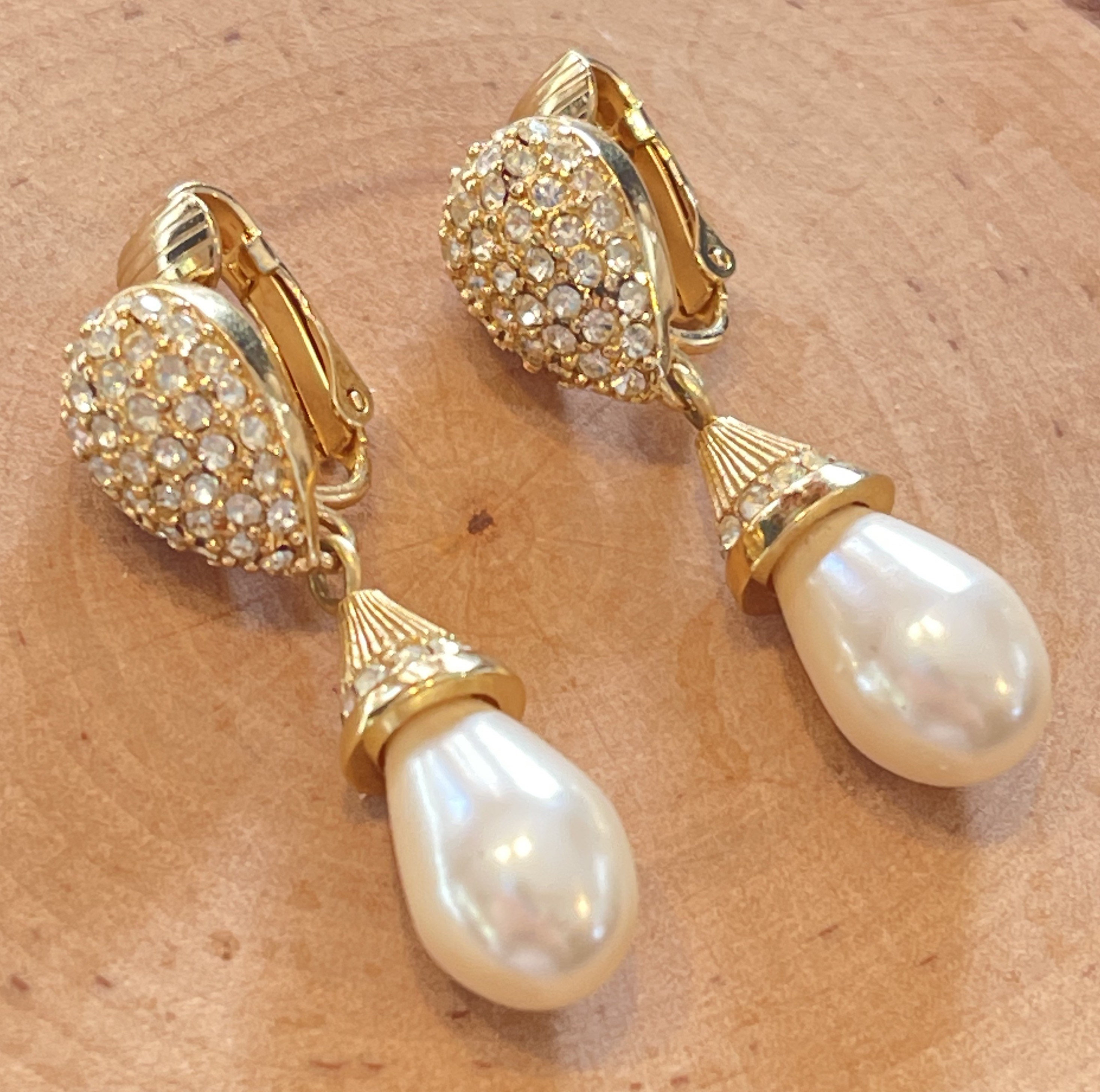 Beautiful Christian Dior Rhinestone Pearl Drop Clip on Earrings