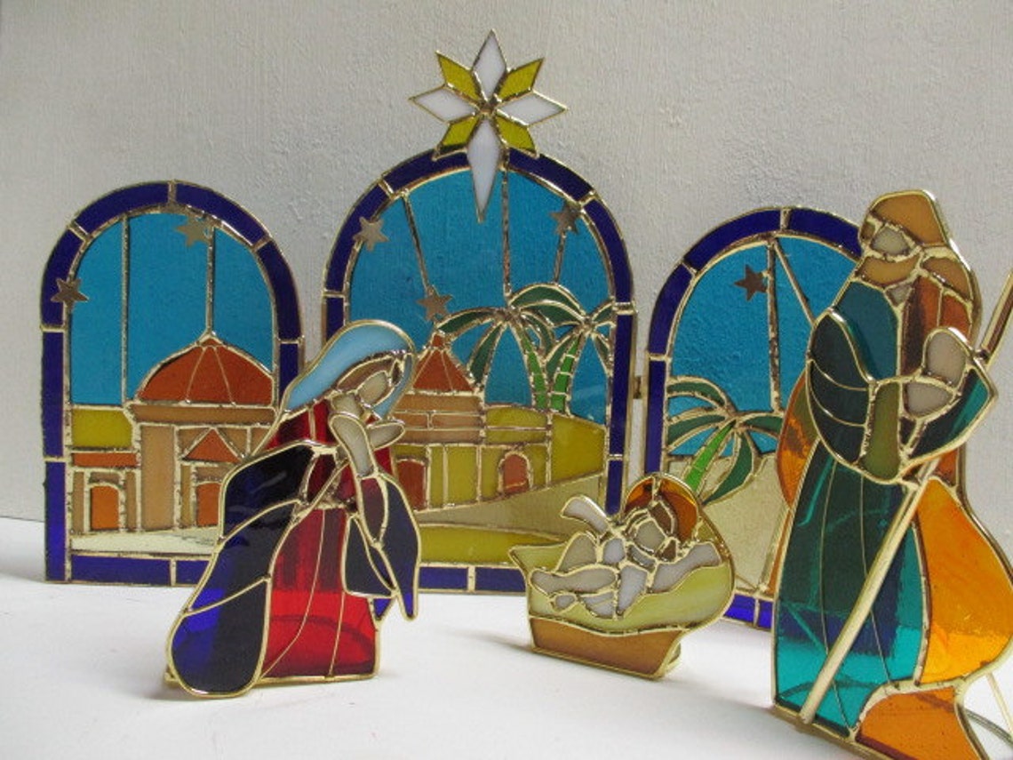 Stained glass nativity scene / vintage nativity scene / Etsy