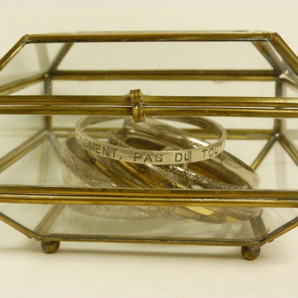 Vintage glass trinked jewelry box  /  patina metal frame  /  stamp holder  /  keepsake storage  /  jewelry box  /  trinket storage