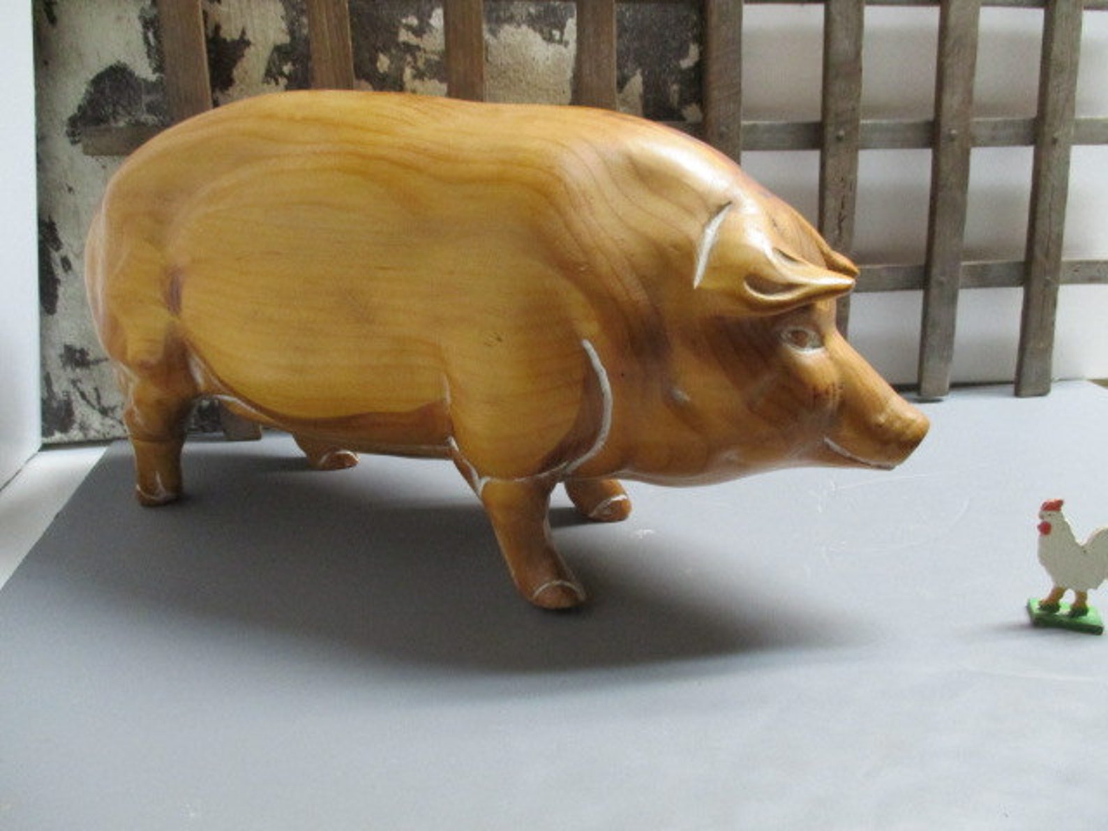 Large vintage carved wood pig / white washed patina / aged Etsy