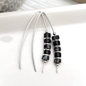 Handmade Black Jasper Threader Earrings: Sterling Silver Boho Jewelry