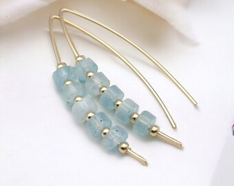 Handmade Gold & Aquamarine Threader Earrings - March Birthstone Jewelry - Birthday Gift