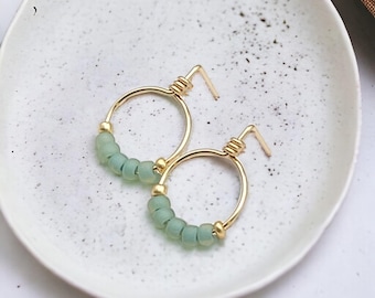 Handmade 14k Gold Filled Hoop Studs: Green Sea Glass Beads