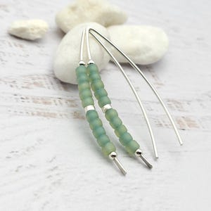 Sea Glass and Sterling Silver Threader Earrings, Modern Beaded Earrings, Open Hoop Earrings, Minimalist Earrings, Wishbone Threaders