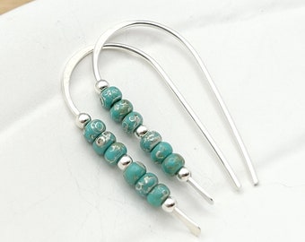 Handmade Silver and Turquoise Threader Earrings - Beaded Earrings - Silver Threader Earrings - Turquoise Seed Bead Earrings
