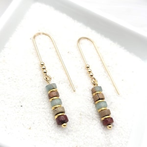 Handmade Gold Beaded Earrings, Jasper Dangle Earrings