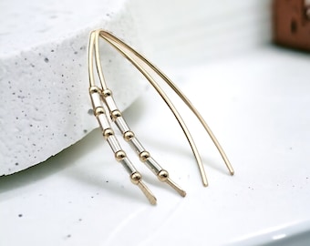 Minimalist Modern Handmade Gold and Silver Beaded Wishbone Threader Earrings - Unique & Dainty Jewelry