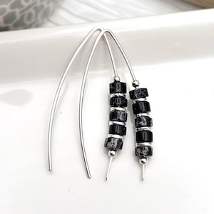 Handmade Black Jasper Threader Earrings: Sterling Silver Boho Jewelry