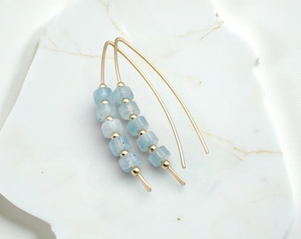 Handmade Gold & Aquamarine Threader Earrings - March Birthstone Jewelry - Birthday Gift