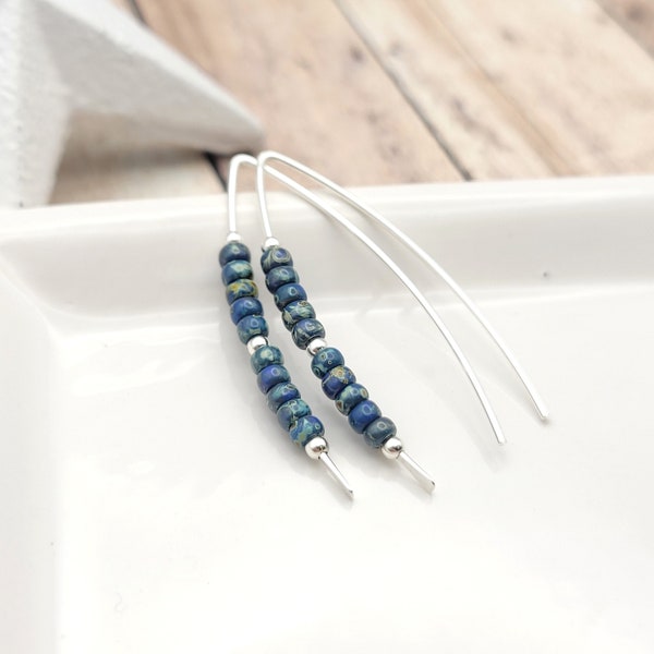 Sterling Silver Threader Earrings with Denim Blue beads - Beaded Threader Earrings - Beaded Open Hoops, Cobalt Blue Beads, handmade earrings