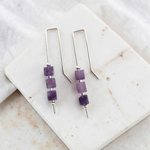 Amethyst Cube Sterling Silver Threader Earrings - Handmade Jewelry